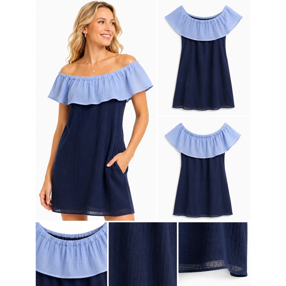 Sail to Sable Dress M Off Shoulder Ruffle Cotton Gauze Mini Coastal Beachy